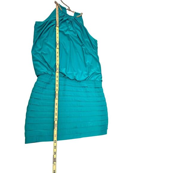 Vintage Cache Women's Green Blouson Gold Chain Halter Neck Mini Dress Size 10 - Picture 12 of 16